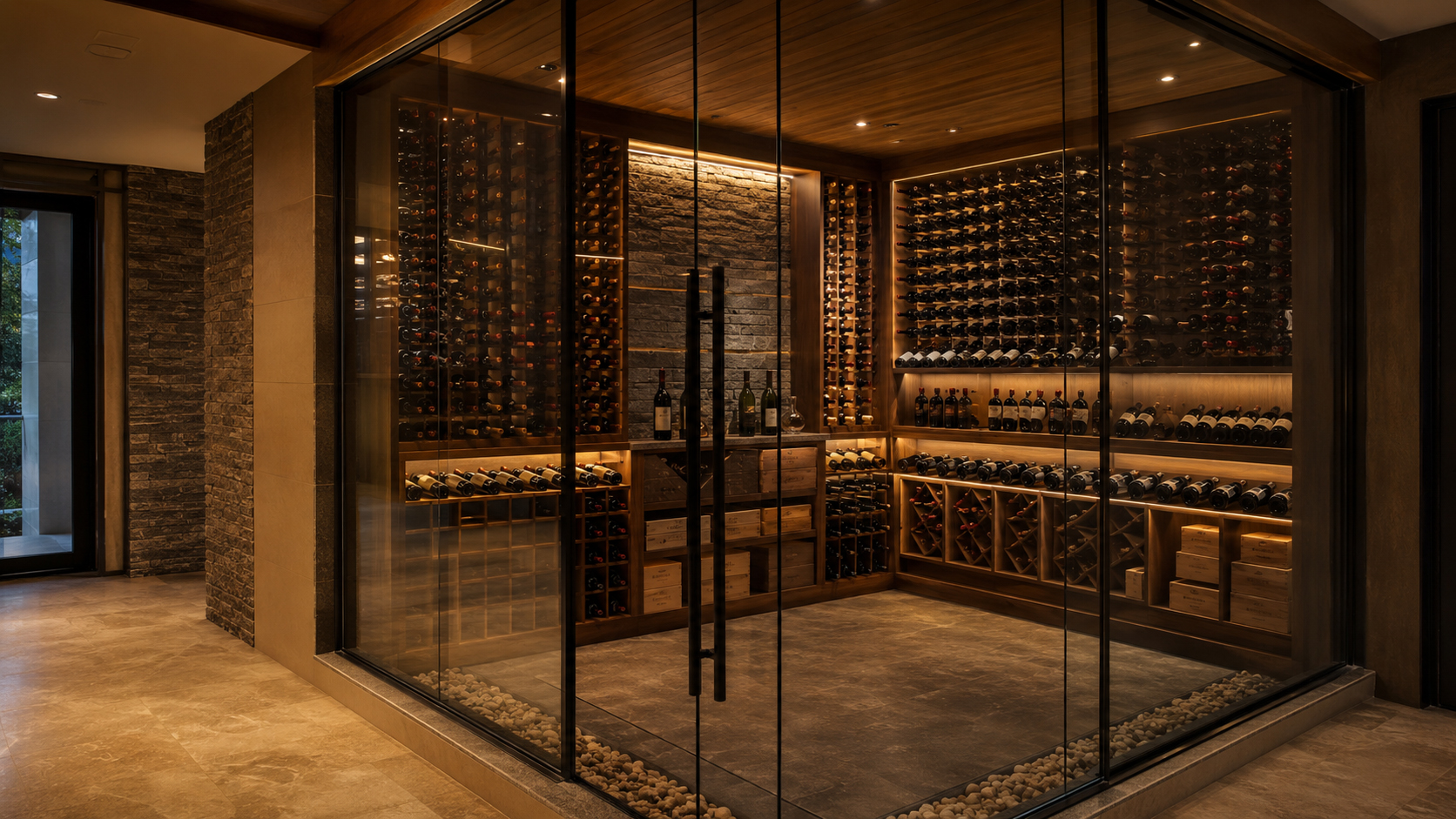 Luxury glass wine room with warm lighting